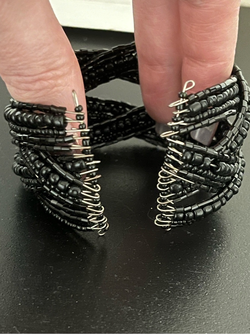 Handcrafted Black Beaded Wire Cuff Bracelet